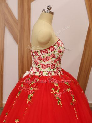 Custom Fit Sweep Train Ball Gowns 15 Quinceanera Dress Red Sweetheart Tulle Sleeveless Lace Up