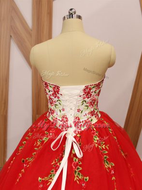 Custom Fit Sweep Train Ball Gowns 15 Quinceanera Dress Red Sweetheart Tulle Sleeveless Lace Up