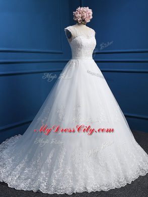 Modern V-neck Sleeveless Wedding Dresses Brush Train Lace and Appliques White Tulle