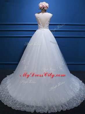 Modern V-neck Sleeveless Wedding Dresses Brush Train Lace and Appliques White Tulle