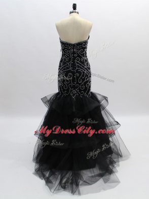 Floor Length Black Evening Dress Tulle Sleeveless Beading and Ruffles