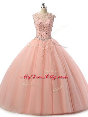 Best Floor Length Ball Gowns Sleeveless Peach Quinceanera Gown Lace Up