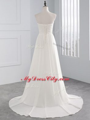 Affordable White Empire Sweetheart Sleeveless Chiffon Brush Train Lace Up Beading and Ruching Wedding Dress