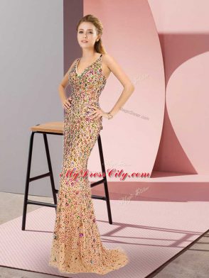 Champagne Sleeveless Tulle Brush Train Zipper Prom Dresses for Prom and Military Ball