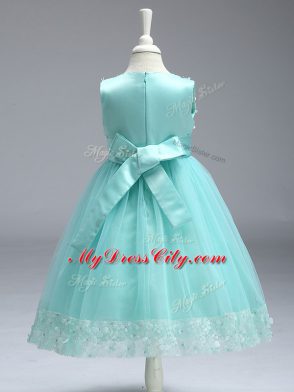 Gorgeous Sleeveless Knee Length Lace and Bowknot Zipper Toddler Flower Girl Dress with Apple Green