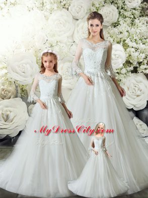 White Zipper V-neck Lace Sweet 16 Dresses Tulle Sleeveless Court Train