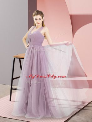 Tulle Halter Top Sleeveless Zipper Ruching Evening Dress in Lilac