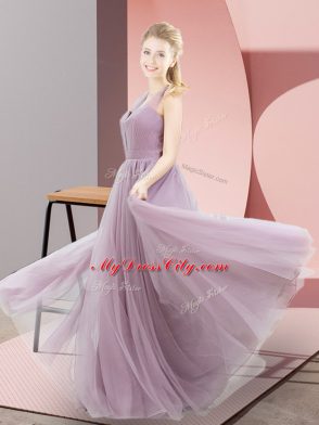 Tulle Halter Top Sleeveless Zipper Ruching Evening Dress in Lilac