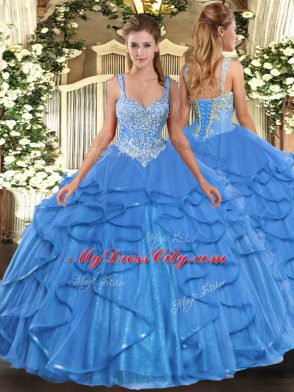 Baby Blue Ball Gowns Straps Sleeveless Tulle Floor Length Lace Up Beading and Ruffles Quinceanera Gowns