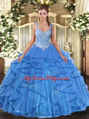 Baby Blue Ball Gowns Straps Sleeveless Tulle Floor Length Lace Up Beading and Ruffles Quinceanera Gowns