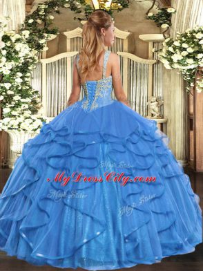 Baby Blue Ball Gowns Straps Sleeveless Tulle Floor Length Lace Up Beading and Ruffles Quinceanera Gowns