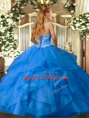 Stylish Aqua Blue Sweetheart Lace Up Beading and Ruffles 15th Birthday Dress Sleeveless