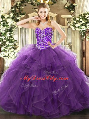 Extravagant Eggplant Purple Lace Up Sweetheart Beading and Ruffles Sweet 16 Quinceanera Dress Tulle Sleeveless