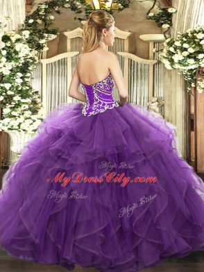 Extravagant Eggplant Purple Lace Up Sweetheart Beading and Ruffles Sweet 16 Quinceanera Dress Tulle Sleeveless