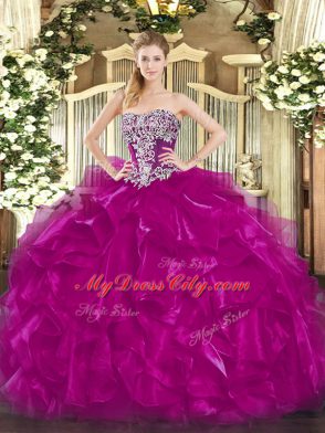 Fuchsia Strapless Lace Up Beading and Ruffles Sweet 16 Quinceanera Dress Sleeveless