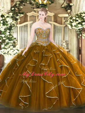 Traditional Sweetheart Sleeveless 15th Birthday Dress Floor Length Beading and Ruffles Brown Tulle