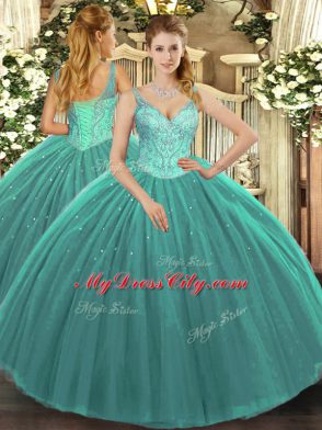 Turquoise Tulle Lace Up V-neck Sleeveless Floor Length Vestidos de Quinceanera Beading