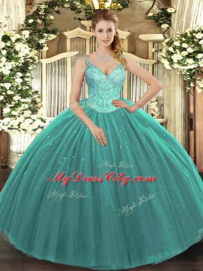 Turquoise Tulle Lace Up V-neck Sleeveless Floor Length Vestidos de Quinceanera Beading