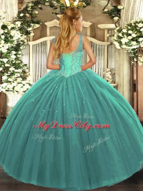 Turquoise Tulle Lace Up V-neck Sleeveless Floor Length Vestidos de Quinceanera Beading