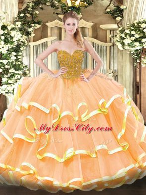 Stylish Sleeveless Floor Length Beading and Ruffled Layers Lace Up Quinceanera Gown with Peach