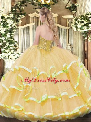 Stylish Sleeveless Floor Length Beading and Ruffled Layers Lace Up Quinceanera Gown with Peach