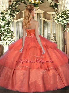 Delicate Fuchsia Ball Gowns Tulle Halter Top Sleeveless Ruffled Layers Floor Length Lace Up Quinceanera Gown