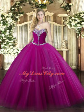 Simple Tulle Sweetheart Sleeveless Lace Up Beading Sweet 16 Dresses in Fuchsia