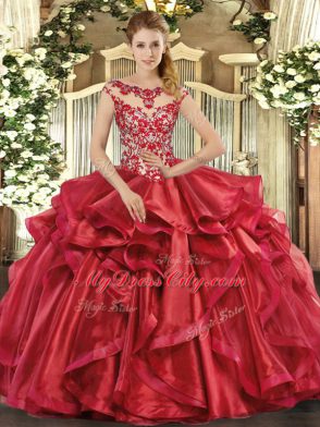 Stunning Red Cap Sleeves Organza Lace Up Quinceanera Gown for Sweet 16 and Quinceanera