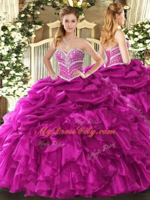 Popular Beading and Ruffles and Pick Ups Quinceanera Dress Fuchsia Lace Up Sleeveless Floor Length