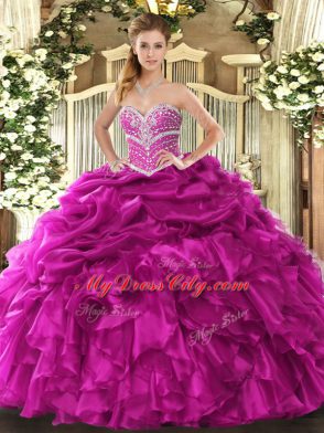 Popular Beading and Ruffles and Pick Ups Quinceanera Dress Fuchsia Lace Up Sleeveless Floor Length