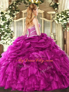 Popular Beading and Ruffles and Pick Ups Quinceanera Dress Fuchsia Lace Up Sleeveless Floor Length