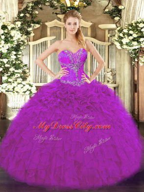 Organza Sweetheart Sleeveless Lace Up Beading and Ruffles Sweet 16 Quinceanera Dress in Fuchsia