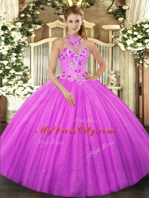 Elegant Fuchsia Ball Gowns Halter Top Sleeveless Tulle Floor Length Lace Up Beading and Embroidery Quinceanera Dresses