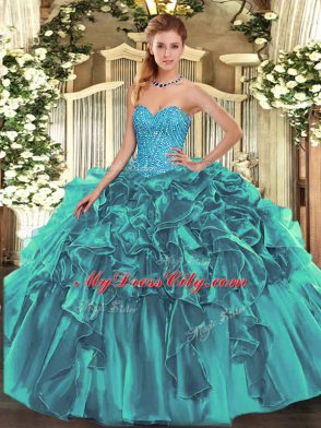 Stylish Floor Length Lace Up Sweet 16 Dress Teal for Military Ball and Sweet 16 and Quinceanera with Beading and Ruffles