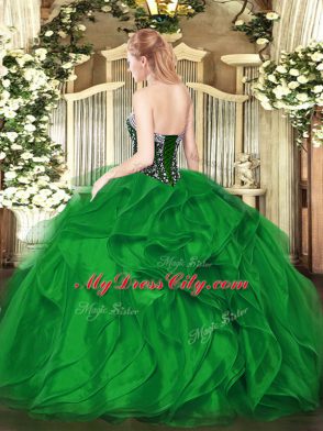 Green Sweetheart Lace Up Beading and Ruffles Ball Gown Prom Dress Sleeveless