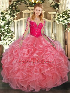 Edgy Scoop Long Sleeves 15 Quinceanera Dress Floor Length Lace and Ruffles Watermelon Red Organza