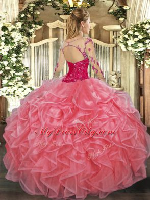 Edgy Scoop Long Sleeves 15 Quinceanera Dress Floor Length Lace and Ruffles Watermelon Red Organza