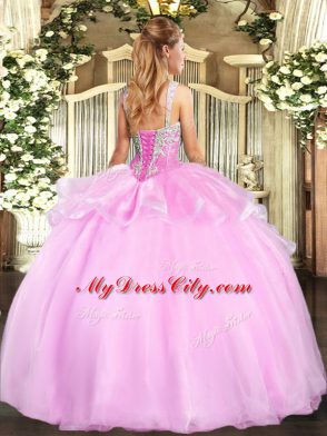 Peach Straps Lace Up Beading Quinceanera Dress Sleeveless