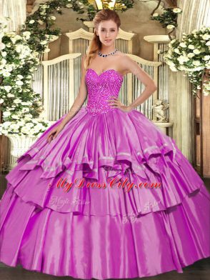 Artistic Floor Length Lace Up Vestidos de Quinceanera Lilac for Military Ball and Sweet 16 and Quinceanera with Beading and Ruffled Layers