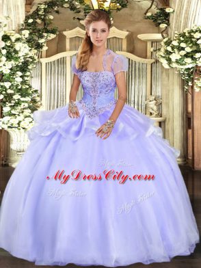 Beauteous Lavender Lace Up Strapless Appliques 15th Birthday Dress Organza Sleeveless