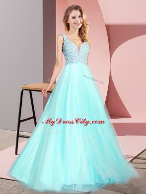 Elegant Aqua Blue V-neck Zipper Lace Prom Evening Gown Sleeveless