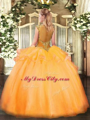 Stylish Yellow Green Scoop Neckline Beading Ball Gown Prom Dress Cap Sleeves Zipper