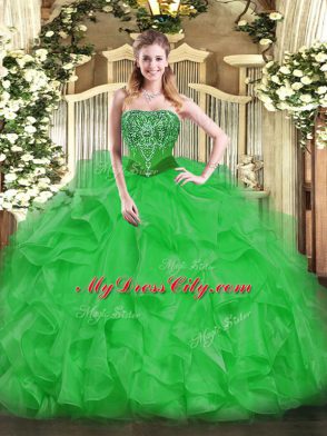 Fancy Green Quince Ball Gowns Military Ball and Sweet 16 and Quinceanera with Beading and Ruffles Strapless Sleeveless Lace Up