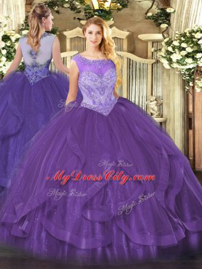 Most Popular Floor Length Lace Up 15th Birthday Dress Eggplant Purple for Sweet 16 and Quinceanera with Beading and Ruffles