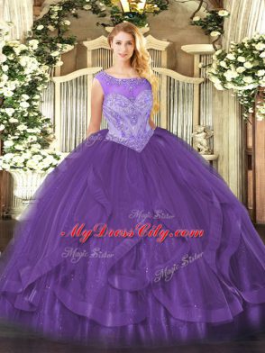 Most Popular Floor Length Lace Up 15th Birthday Dress Eggplant Purple for Sweet 16 and Quinceanera with Beading and Ruffles