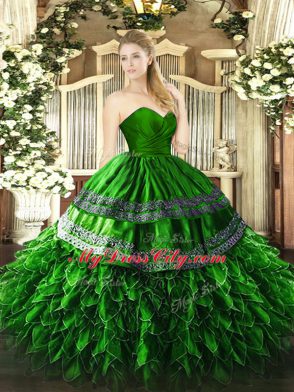 Fancy Green Sweetheart Zipper Embroidery and Ruffles 15 Quinceanera Dress Sleeveless