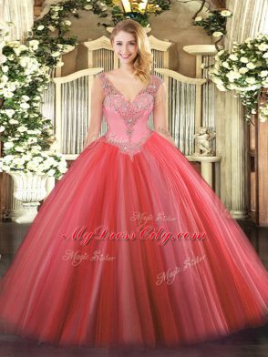 Excellent Tulle V-neck Sleeveless Lace Up Beading Quinceanera Dress in Coral Red