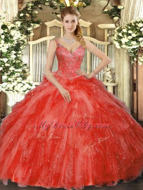 V-neck Sleeveless Tulle Ball Gown Prom Dress Beading and Ruffles Lace Up