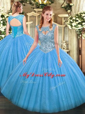 Tulle Scoop Sleeveless Lace Up Beading Ball Gown Prom Dress in Baby Blue