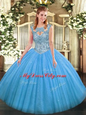 Tulle Scoop Sleeveless Lace Up Beading Ball Gown Prom Dress in Baby Blue